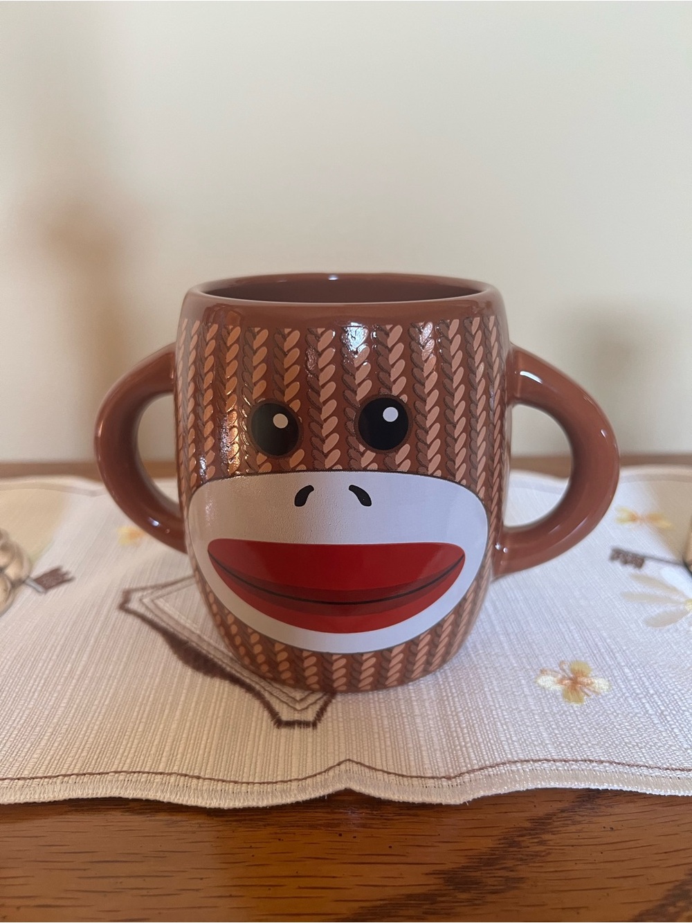 Galerie Mug Sock Monkey Face Double Handed Ceramic Brown Red